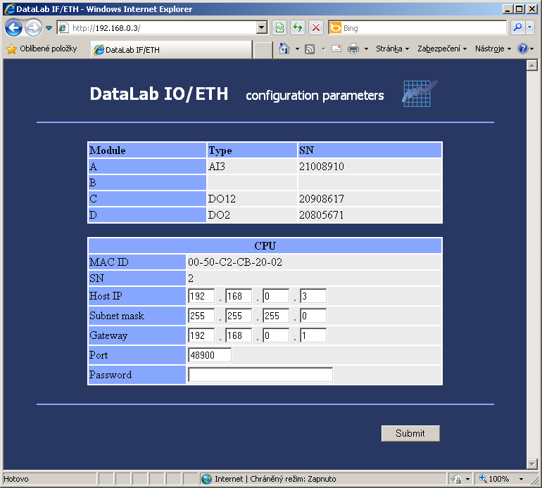 Konfiguran nstroj jednotek DataLab IO/ETH